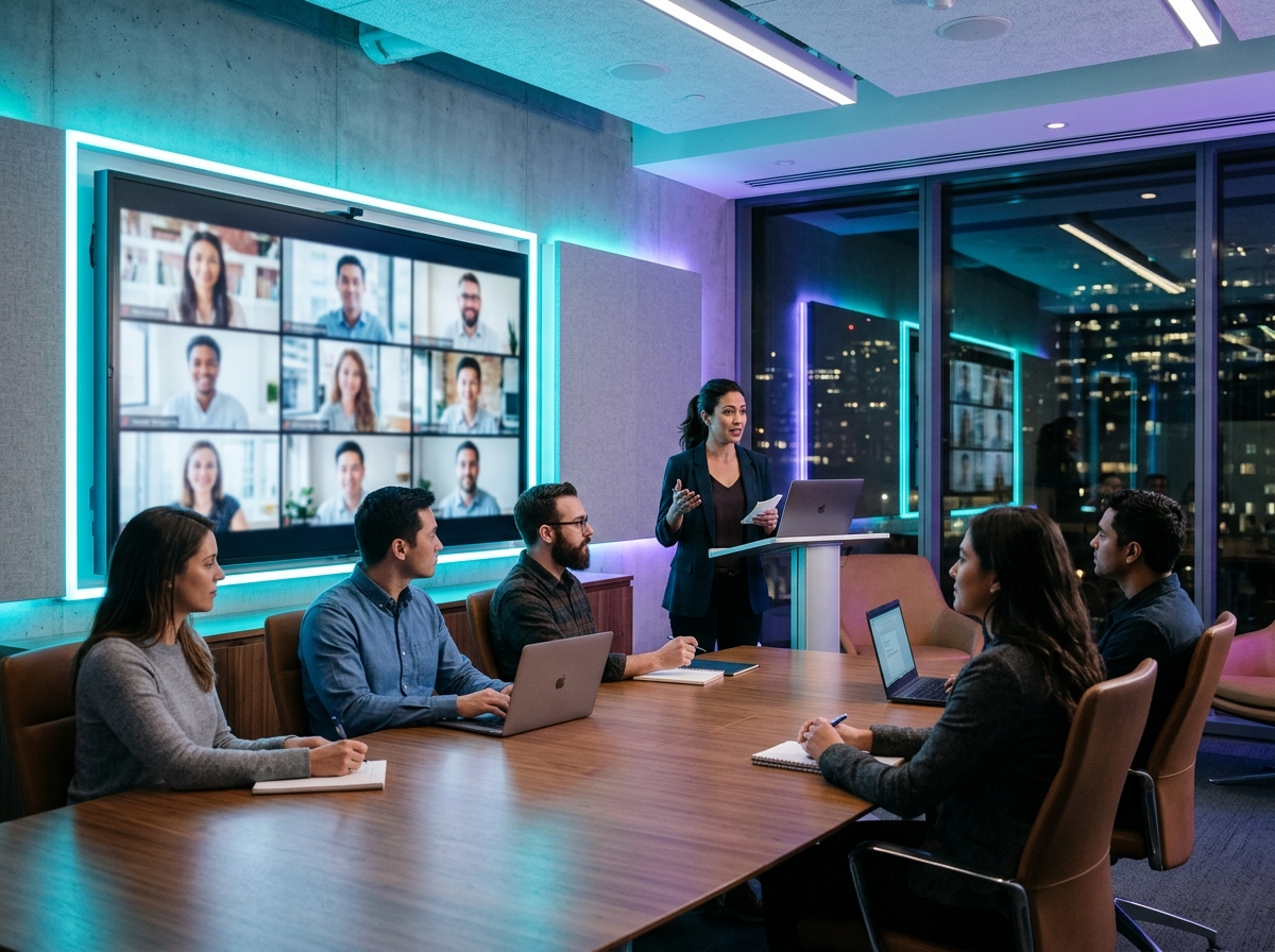 A hybrid class with learners in the room and remote colleagues on a large screen