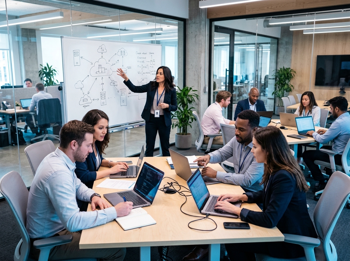 An instructor leading an on-site Azure class in a corporate office