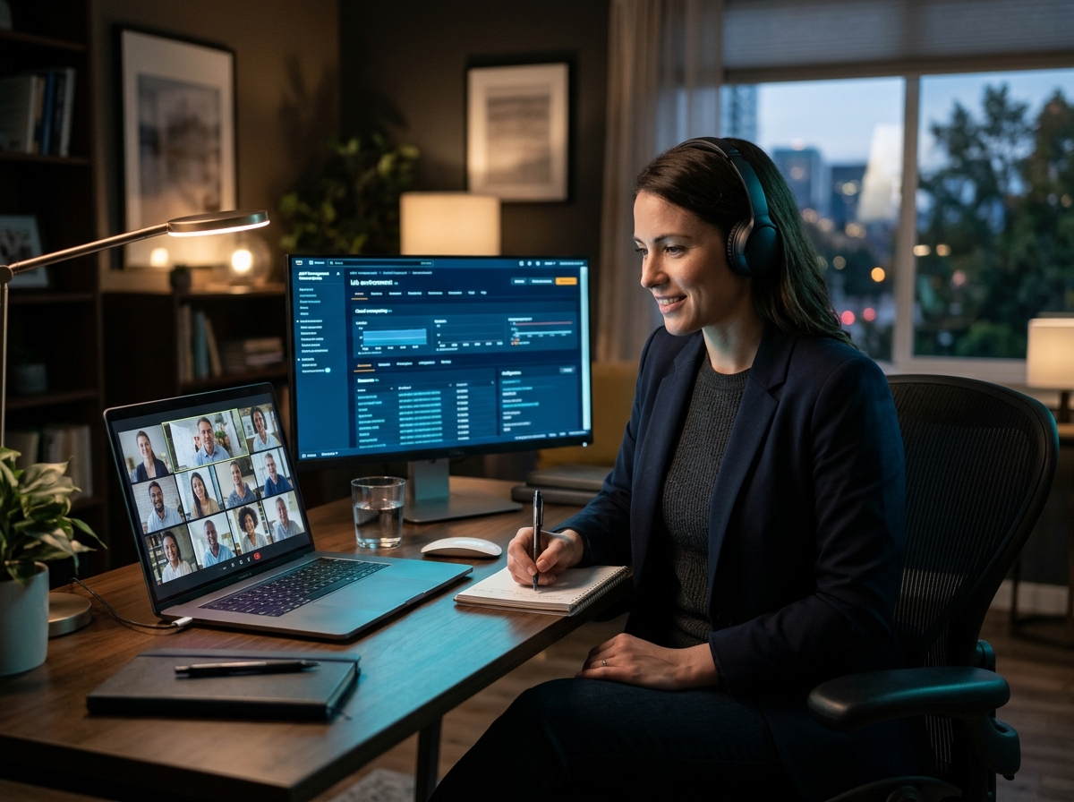 A professional attending a live virtual Azure class with a lab environment on a second monitor